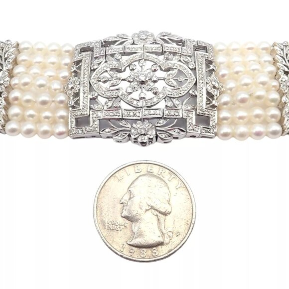 Vintage Estate 18k White Gold Diamond 7 Row 4.5mm Pearl Bracelet - Picture 5 of 15